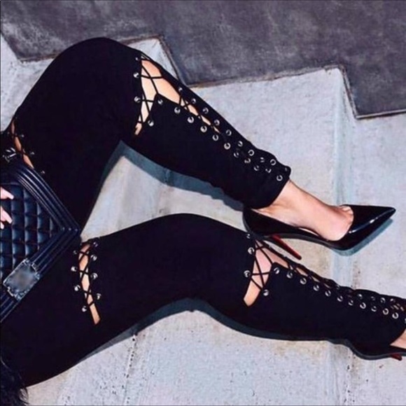 •LAST 1• Black Suede Lace-Up Leggings Pants - Picture 5 of 8